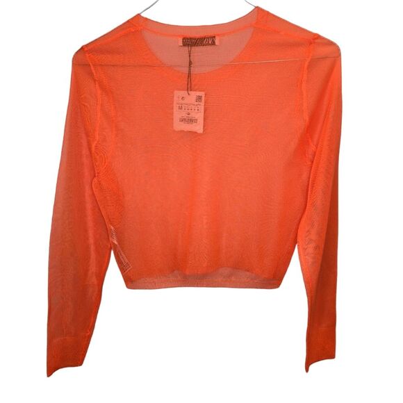 NWT Zara Women's Bright Orange Sheer Pullover Long Sleeve Top M - Picture 4 of 13
